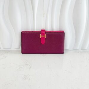 HERMÈS Bearn Long Bifold Wallet Burgundy Pink Epsom Leather